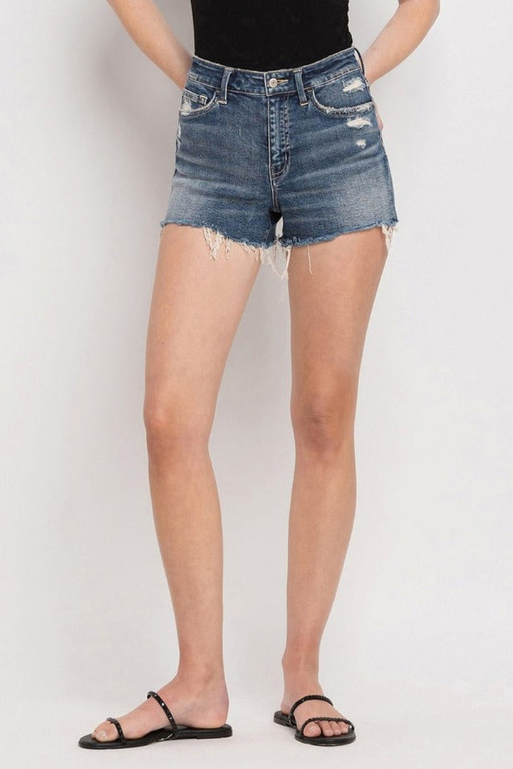 VERVET by Flying Monkey - High Rise Raw Hem Shorts in Bulletproof