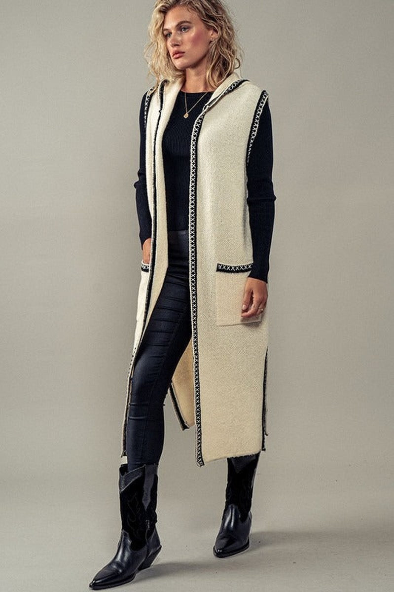 Urban Daizy - Ventura Hooded Knit Vest Cardigan in Ivory