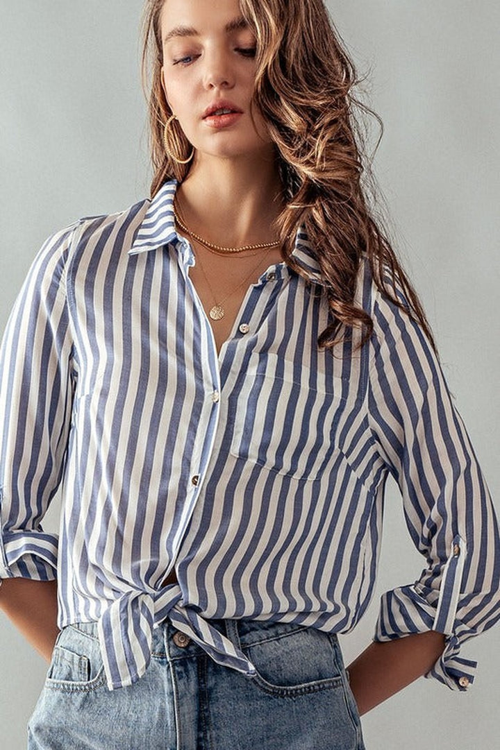 Urban Daizy - Collar Hem Tie Stripe Shirt in Blue