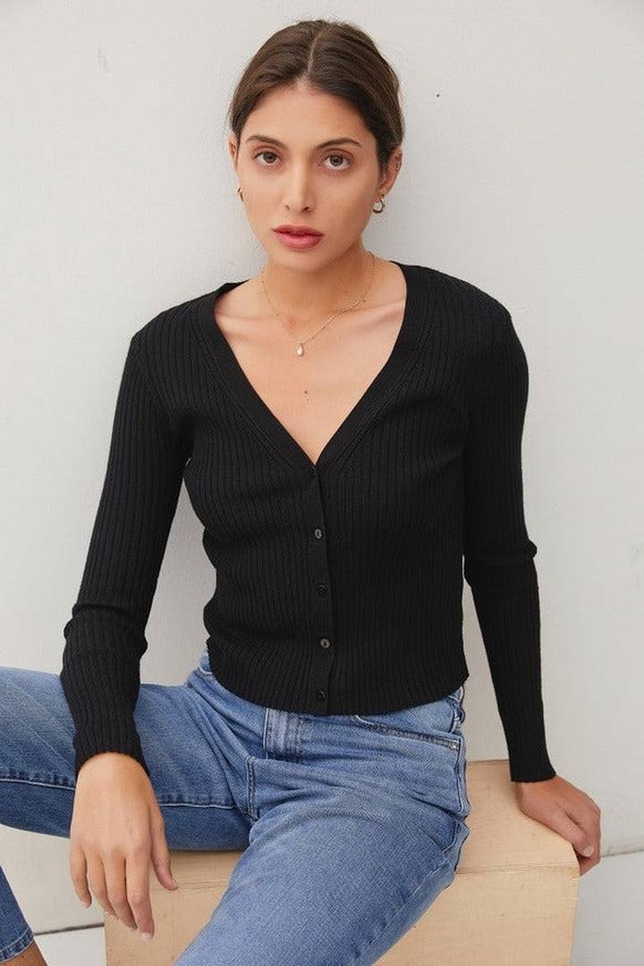 Be Cool - Ribbed V-Neck Slim Cardigan in Black