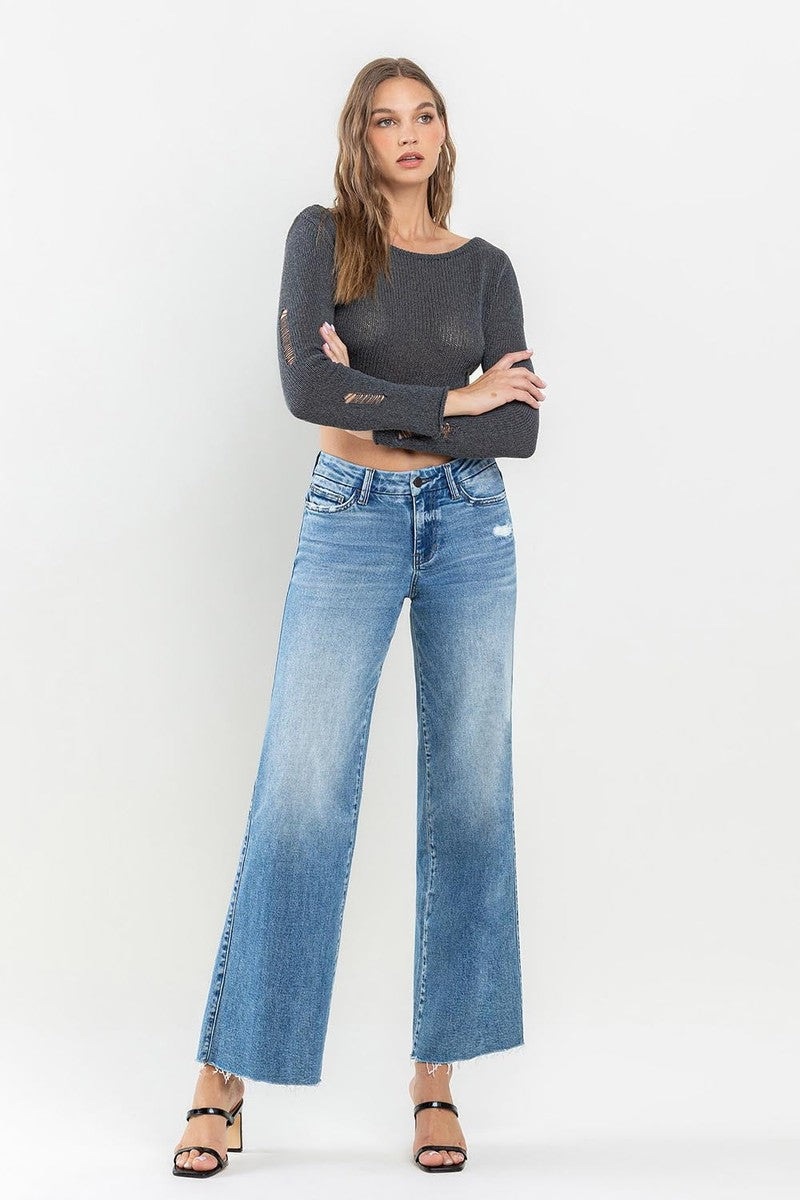 VERVET by Flying Monkey - Mid Rise Ankle Raw Hem Wide Leg Jeans in Vouchsafe