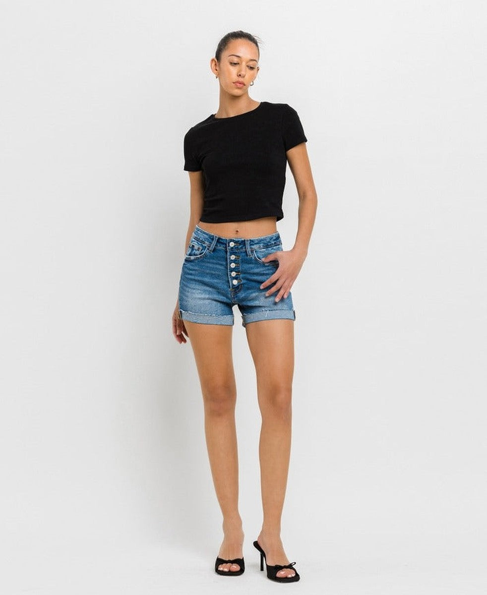 VERVET by Flying Monkey - Super High Rise Button Up Mom Shorts in Kensington