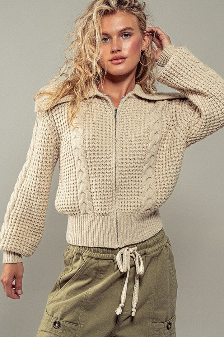 Urban Daizy - Nautical Knit Zip Up Sweater in Beige Buff