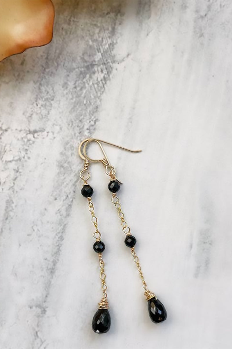 Quinn Sharp - Black Onyx Chain Dangle Earrings in Gold