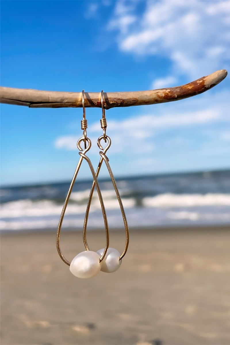 Quinn Sharp - Long Teardrop Freshwater Pearl Hoops with White Pearls in Gold (Copy)