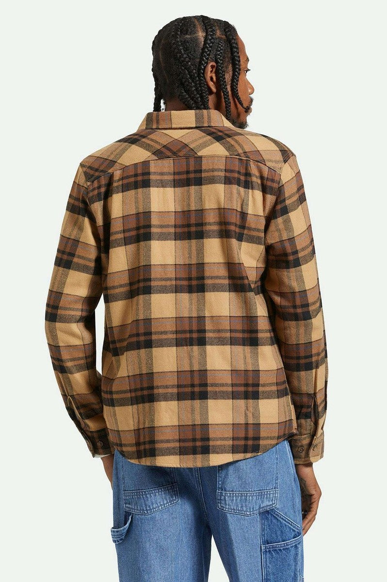 Brixton - Bowery Long Sleeve Flannel in Tigerʼs Eye/Pinecone Brown/Washed Black