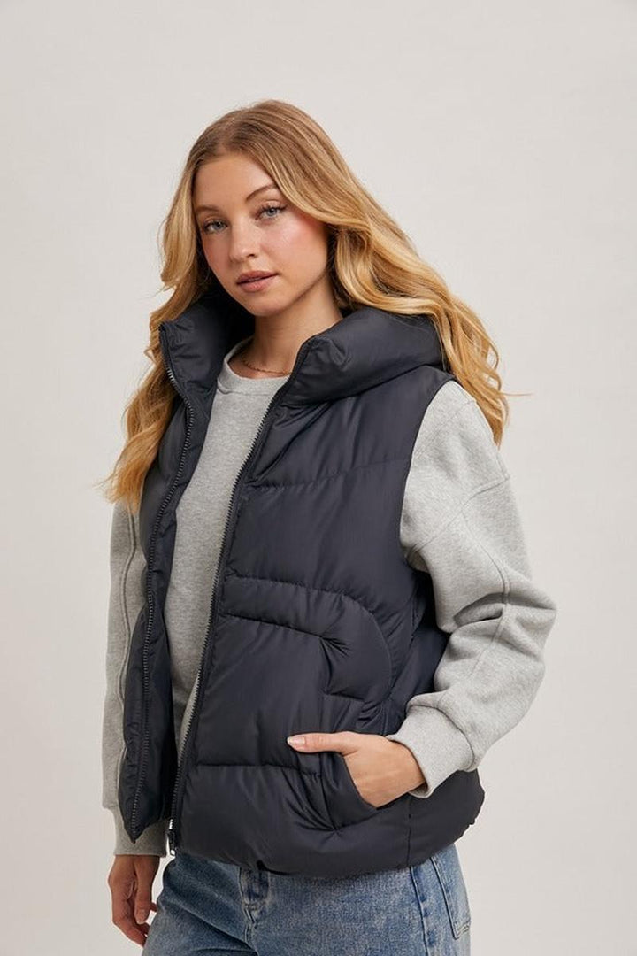 Bluivy - Zipper Down Puffer Hooded Vest in Ash