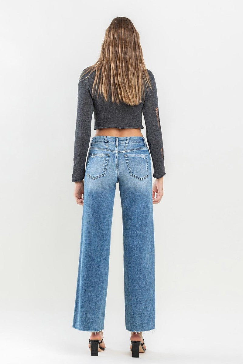 VERVET by Flying Monkey - Mid Rise Ankle Raw Hem Wide Leg Jeans in Vouchsafe