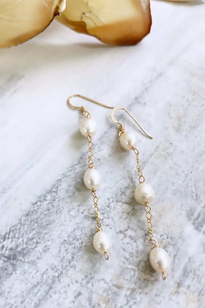 Quinn Sharp - Triple Pearl Dangle Earrings in Gold