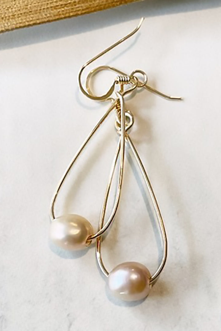 Quinn Sharp - Long Teardrop Freshwater Pearl Hoops with Pink Pearls in Gold