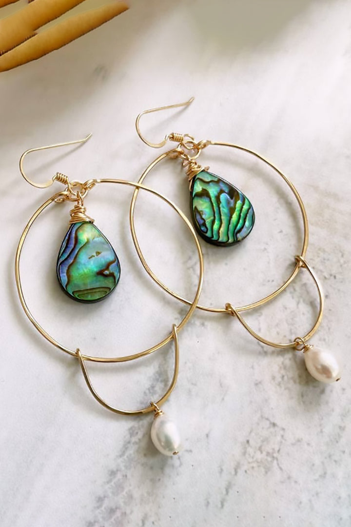 Quinn Sharp - Abalone Hoop Freshwater Pearl Drop Earrings in Gold