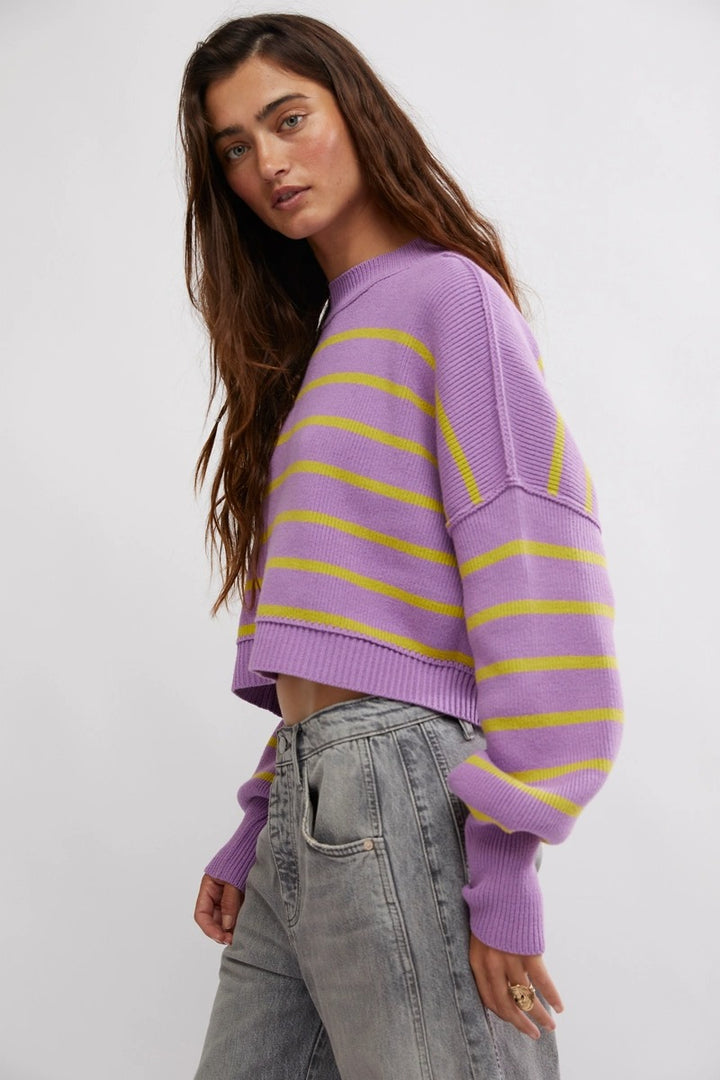 Free People - Stripe Easy Street Crop Pullover in Iris Orchid Combo