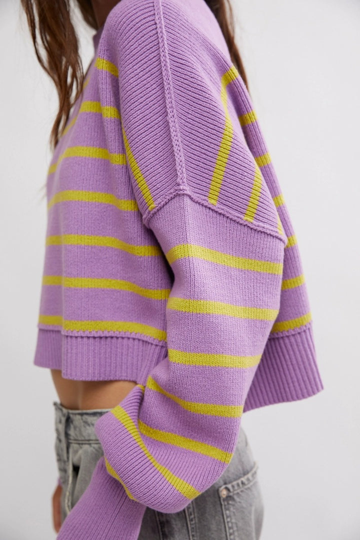 Free People - Stripe Easy Street Crop Pullover in Iris Orchid Combo