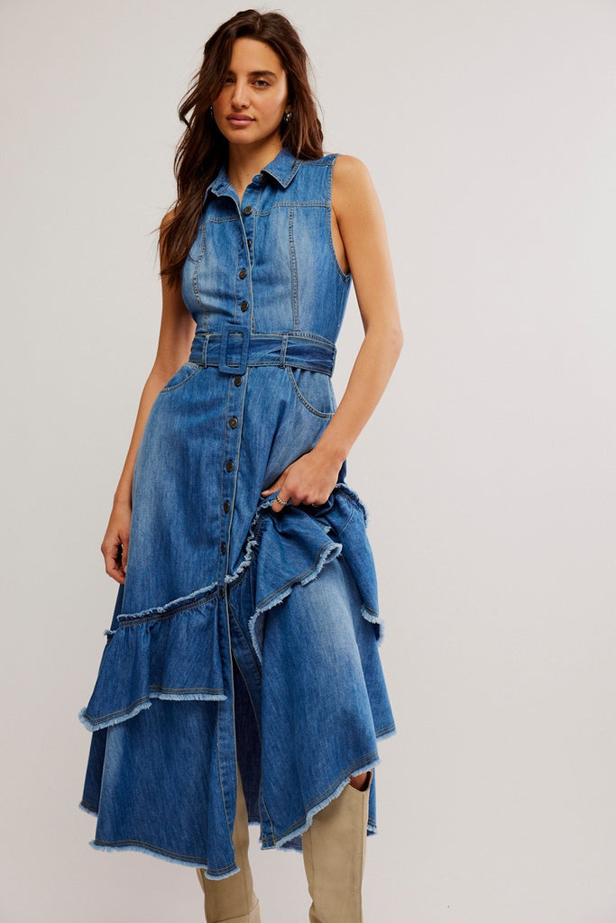 Free People Beau Midi Dress in Blue Grass Blue Ox Boutique