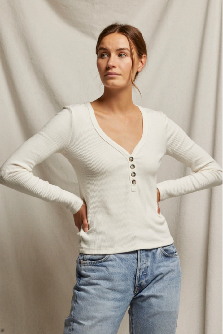 Perfectwhitetee - Evangeline Sweater Rib V Neck Long Sleeve Top in Sugar