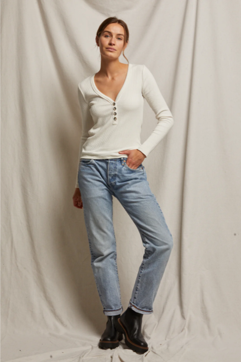 Perfectwhitetee - Evangeline Sweater Rib V Neck Long Sleeve Top in Sugar