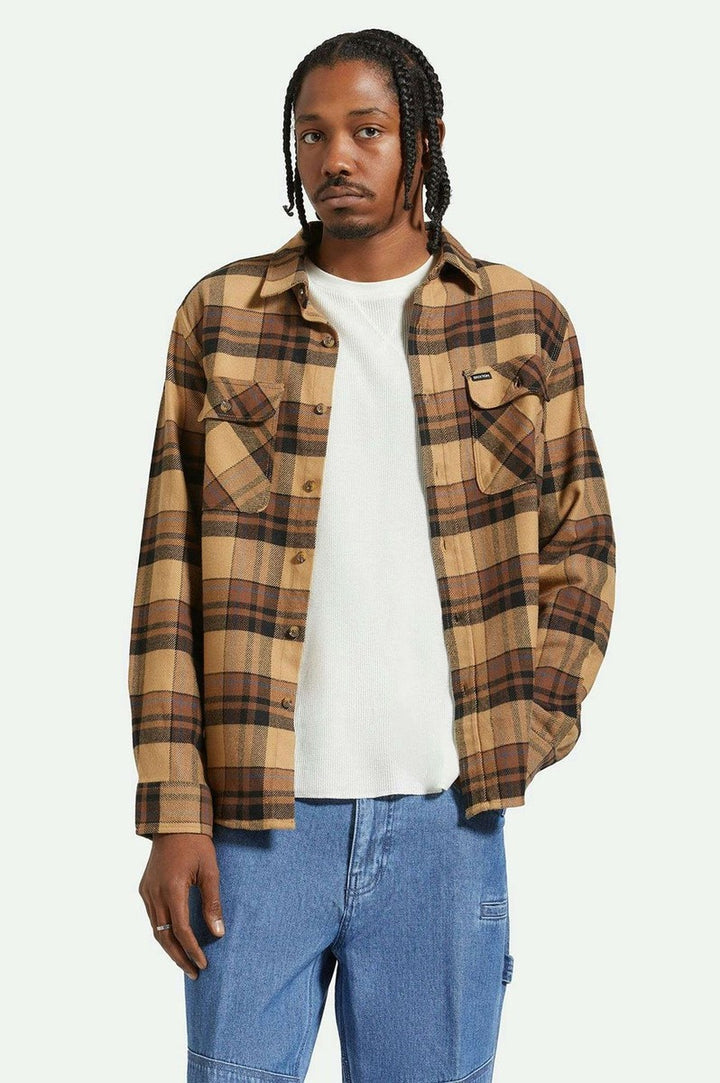 Brixton - Bowery Long Sleeve Flannel in Tigerʼs Eye/Pinecone Brown/Washed Black