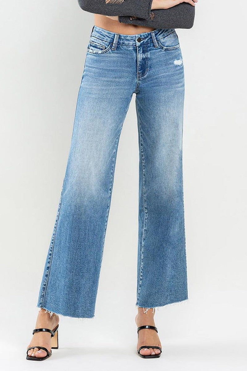 VERVET by Flying Monkey - Mid Rise Ankle Raw Hem Wide Leg Jeans in Vouchsafe