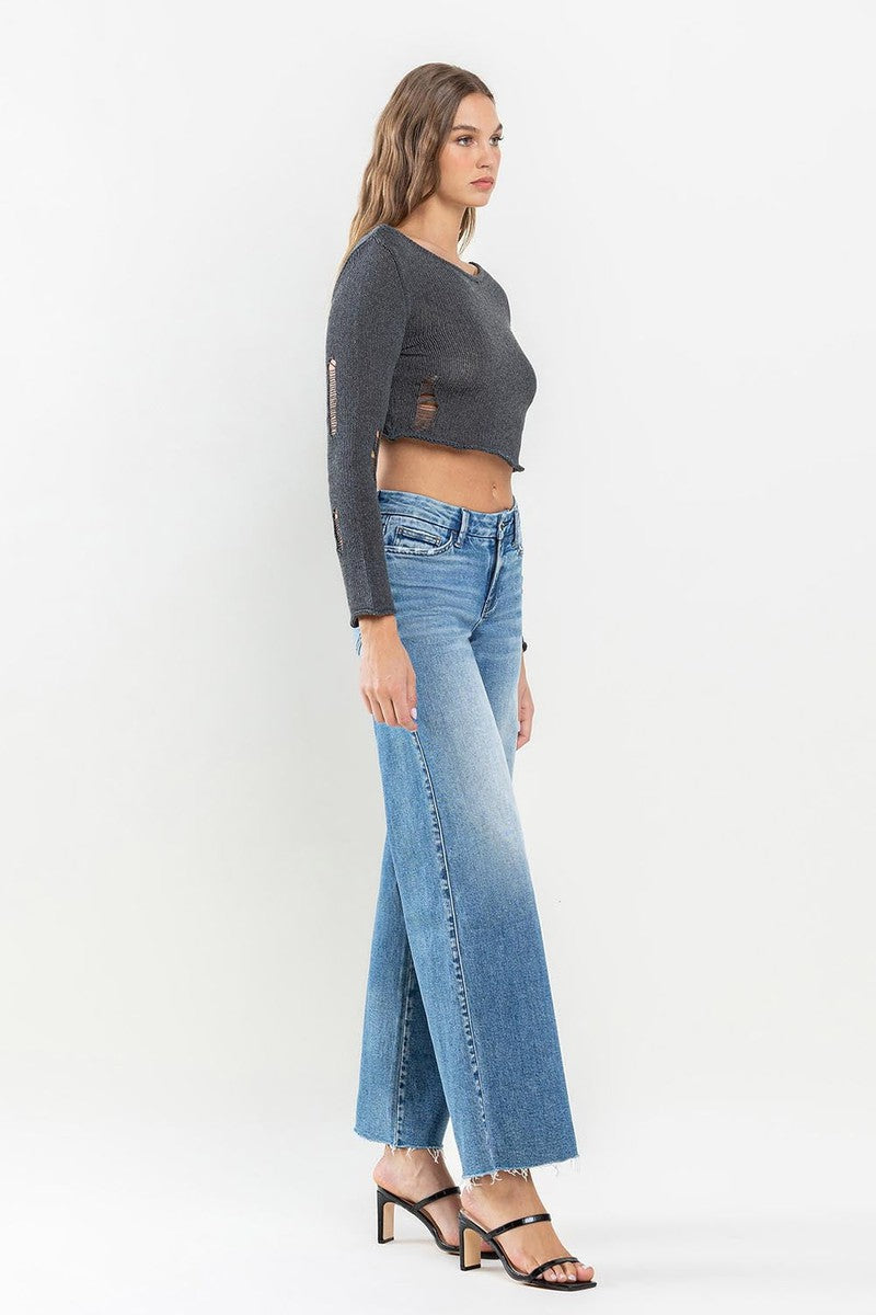 VERVET by Flying Monkey - Mid Rise Ankle Raw Hem Wide Leg Jeans in Vouchsafe