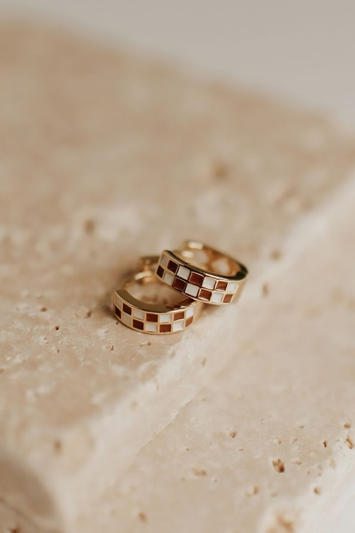 Mauve Jewelry Co. - Brown & White Checkered Hoops in Gold