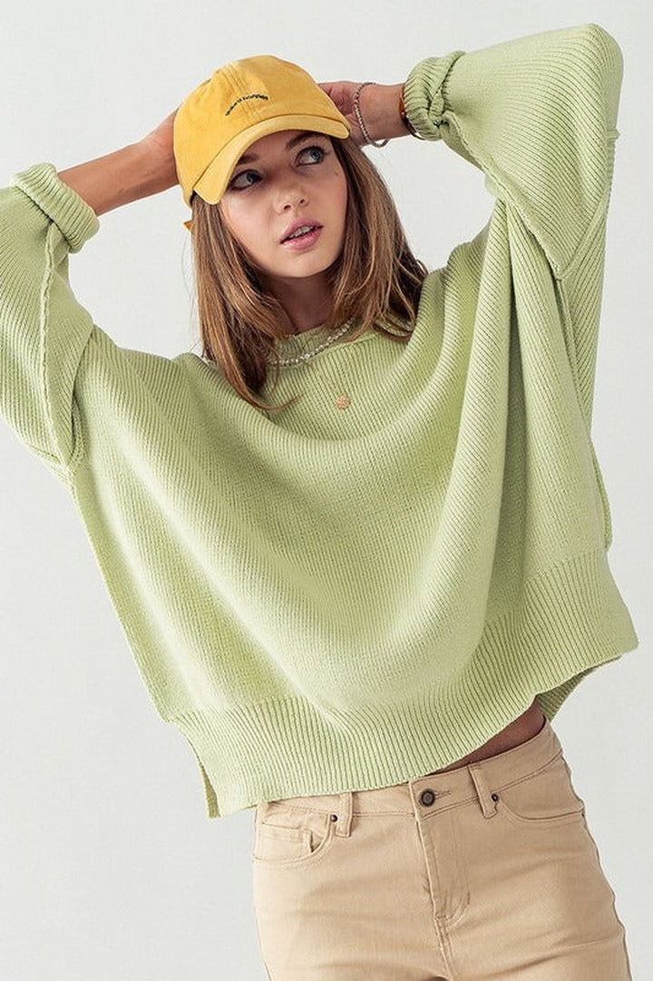 Urban Daizy - Oversized Side Slit Crew Neck Cozy Sweater in Pistachio