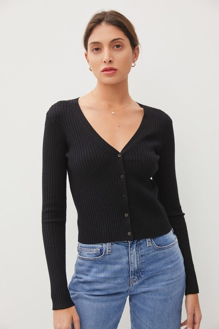 Be Cool - Ribbed V-Neck Slim Cardigan in Black