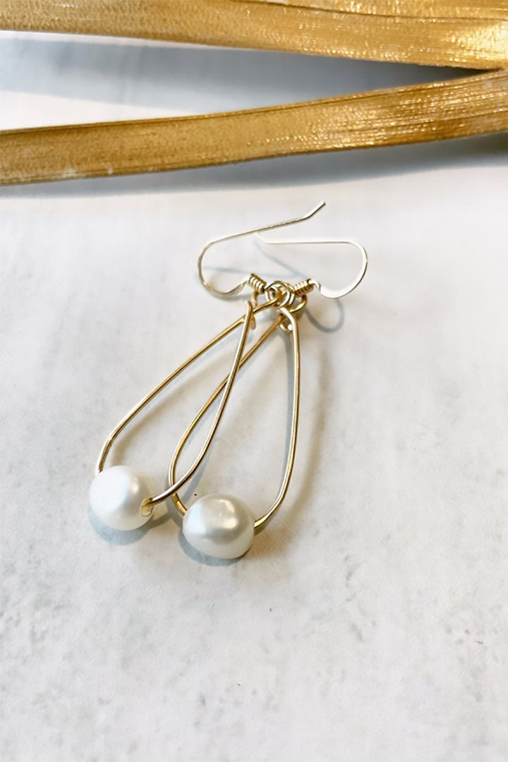 Quinn Sharp - Long Teardrop Freshwater Pearl Hoops with White Pearls in Gold (Copy)