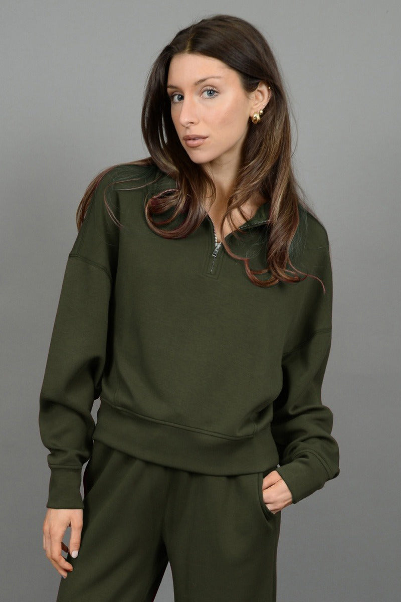 Second Skin by RD Style - Mailyn Soft Knit Long Sleeve Mockneck Half Zip Cropped Pullover in Olive Night