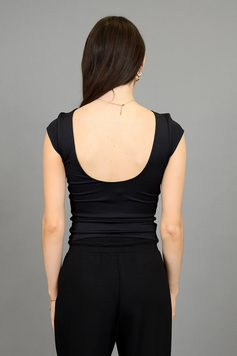 Second Skin by RD Style - Brida Cap Sleeve Boat-Neck Top in Black